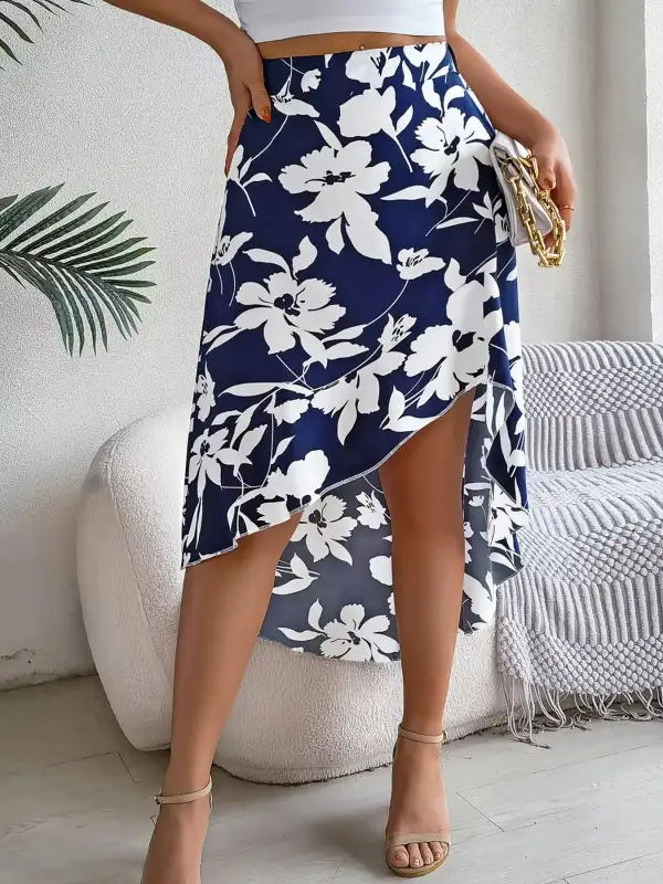 Print Ruffle Hem Asymmetrical Skirt