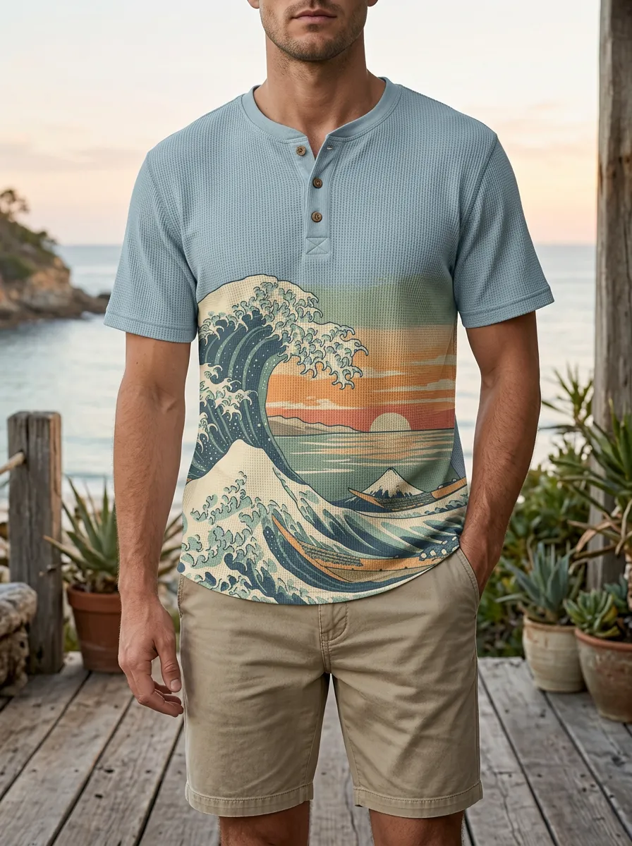 Men's Japanese Great Wave Sunset Printed Henley T-shirt