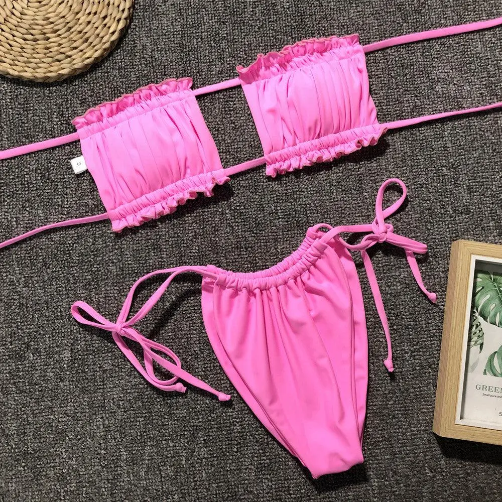 Frill Trim Ruched Bikini Swim Set