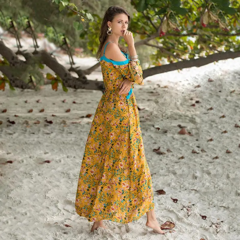 Boho Off-the-shoulder Strap Long-sleeved Printed Dress Beach Casual Holiday Long Dress