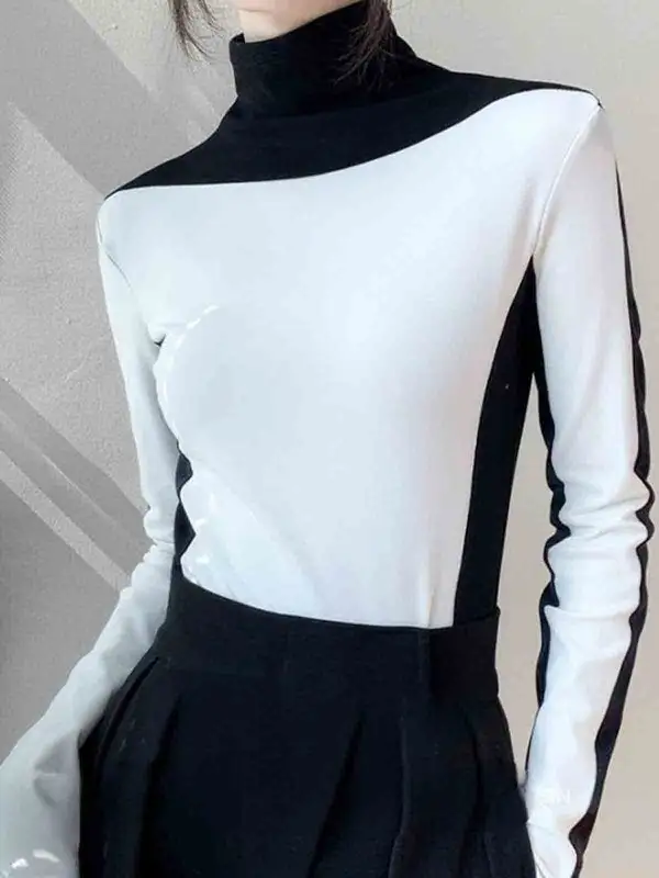 Long Sleeve Slim Fit Contrast Panel Detail High Neck Everyday T-Shirt