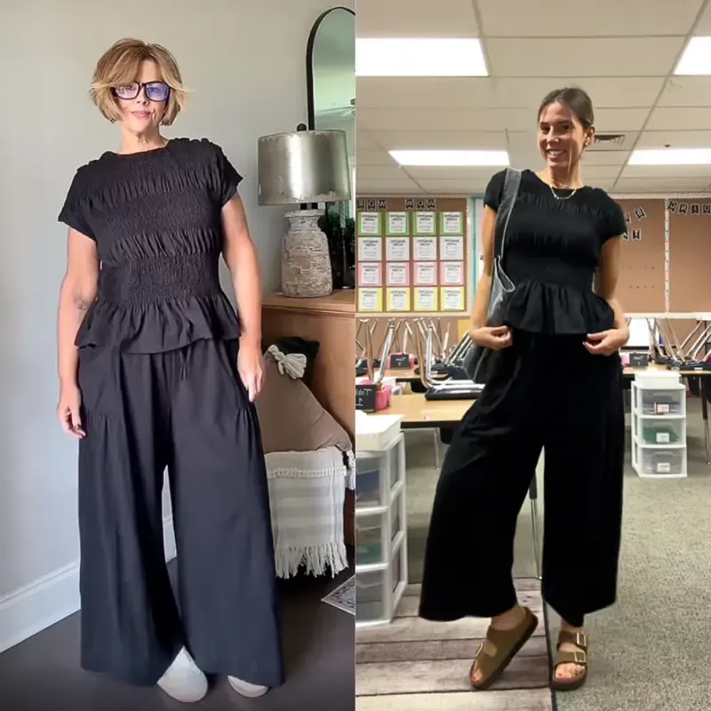 Women's two-piece set: pleated top and wide-leg pants
