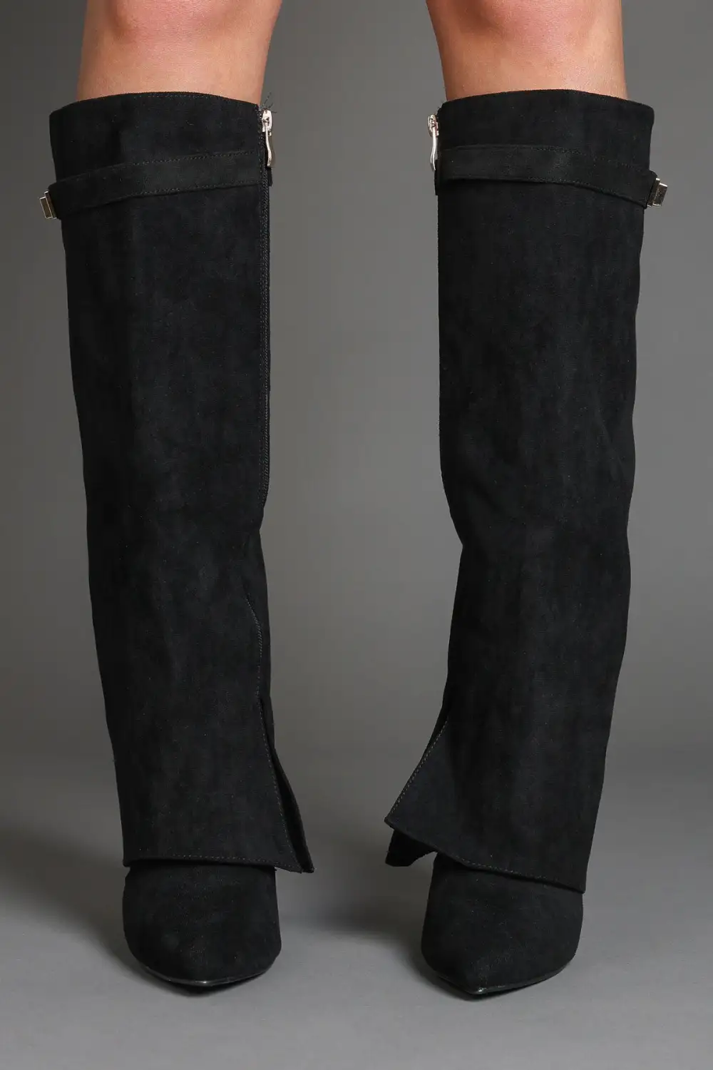 Classic Western Slouch Fold-Over Buckle Detail Knee High Boots