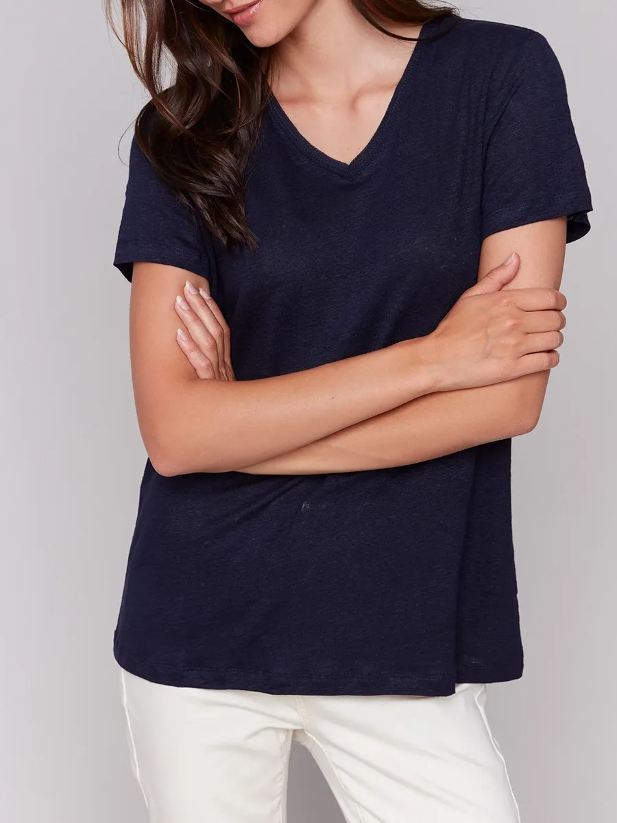 V-Neck Loose Solid Color Skin-Friendly Linen Short Sleeves