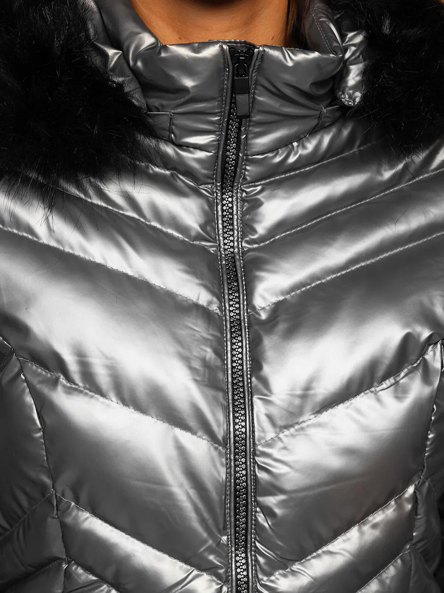 women's gray quilted winter jacket with hood