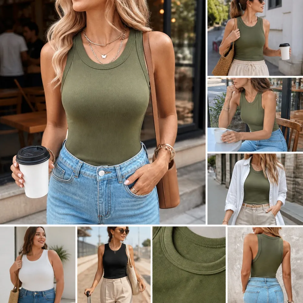 Women's Built-In Bra Ribbed Round Neck Tank Top