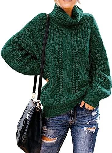 Women's 2025 Turtleneck Balloon Long Sleeve Casual Loose Chunky Cable Knit Pullover Sweater Outerwear