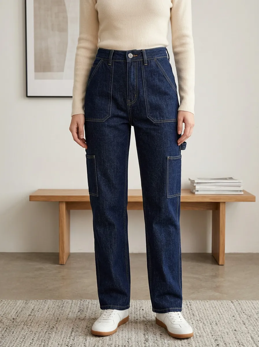 Women's Casual Style Dark Wash Utility Pocket Denim Jeans