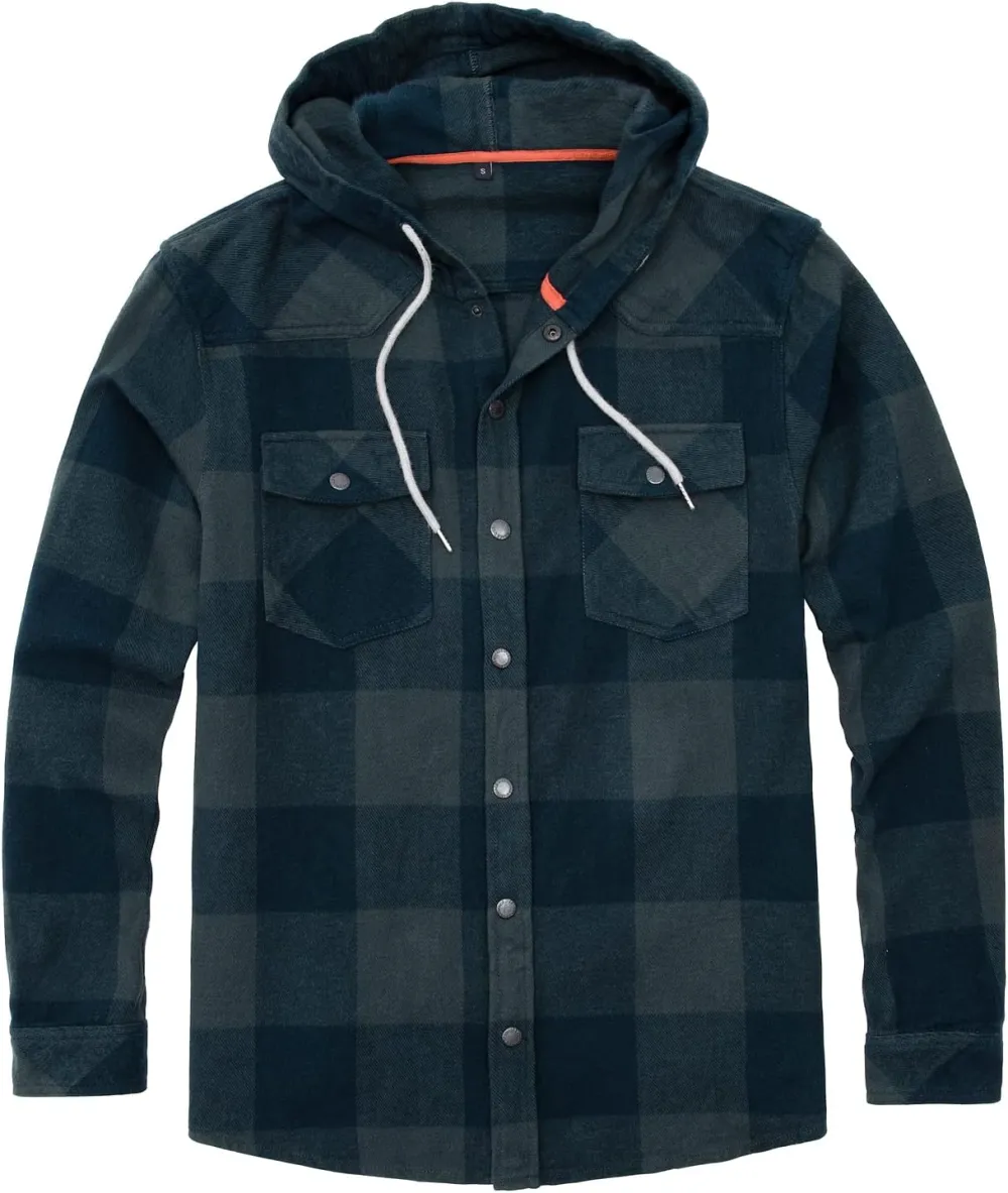 Men's Hooded Plaid Flannel Shirt Jacket with Hand Pockets
