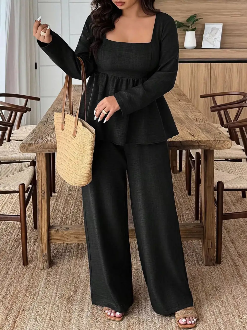 Plus Size Square Neck Long Sleeve Top and Pants Two Piece Set