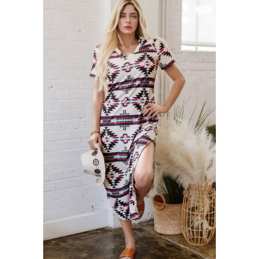 Aztec Print V-neck Midi Dress