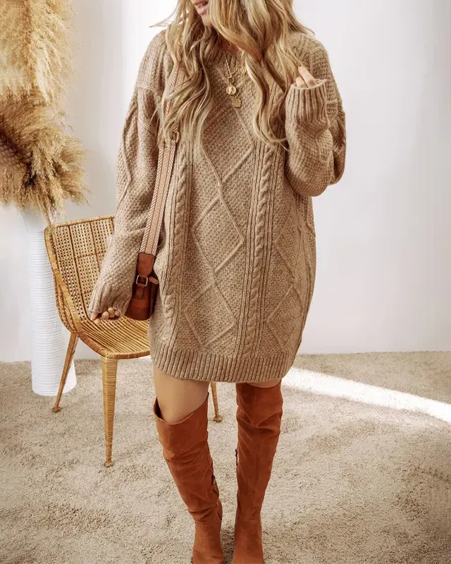 Women'S Round Neck Long Sleeve Sweater Dress Casual Loose Fit Cable Knit Pullover Mini Dress