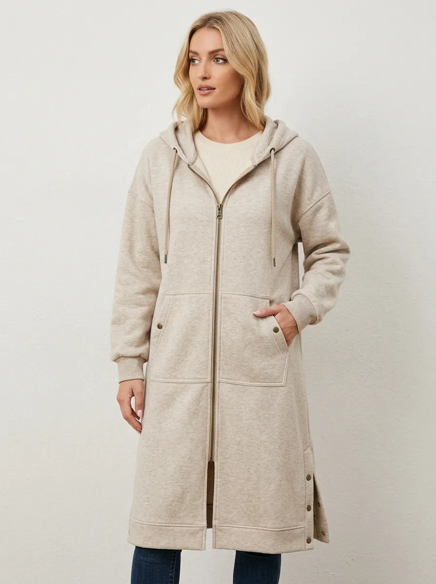 Comfy-Layer Zip-Up Long Hooded Coat