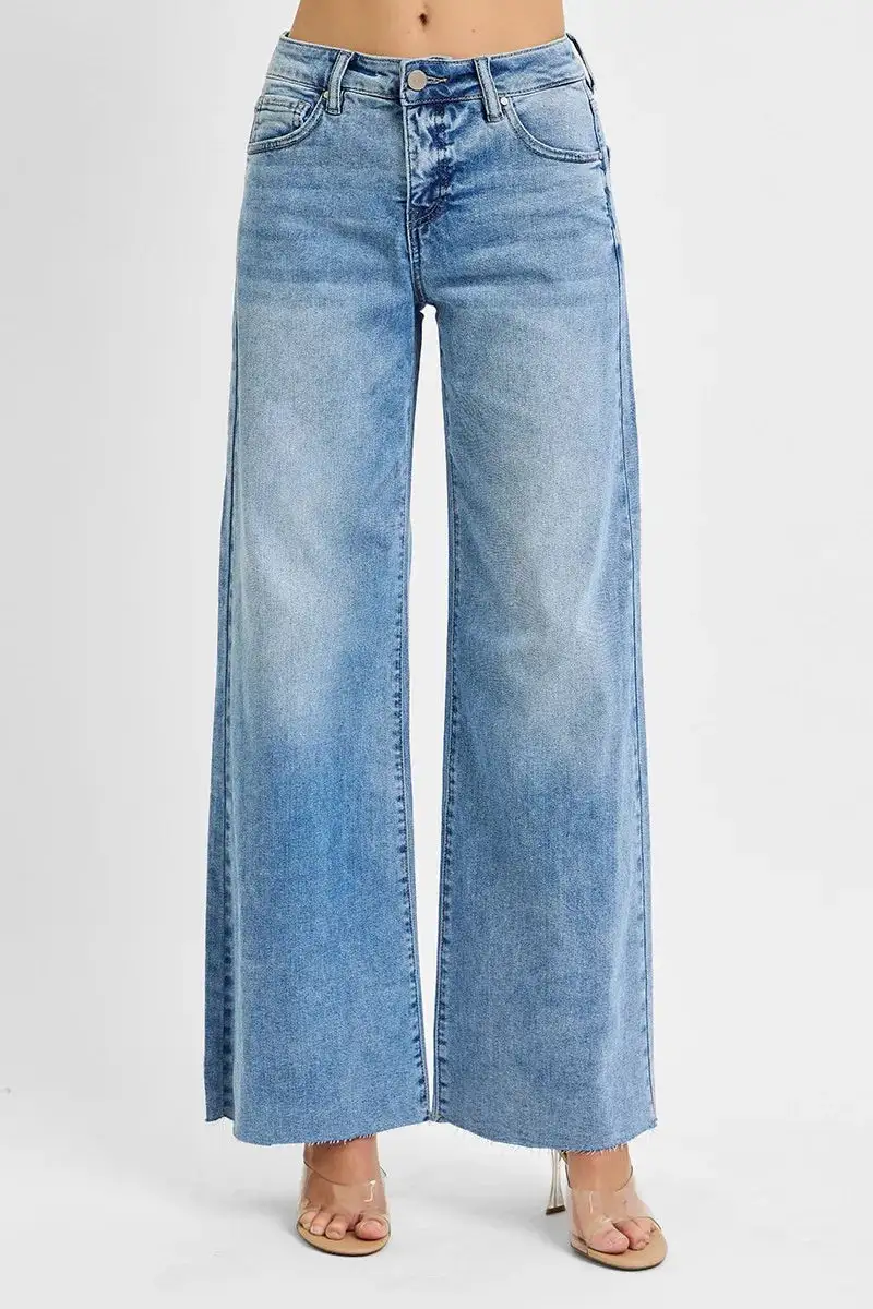 Everyday High Rise Raw Hem Wide Leg Jeans