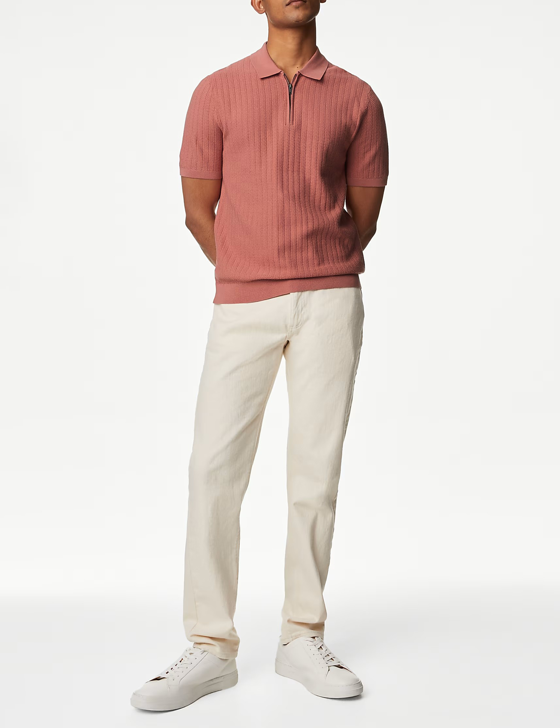 Men's Pink Textured Knit Quarter Zip Polo