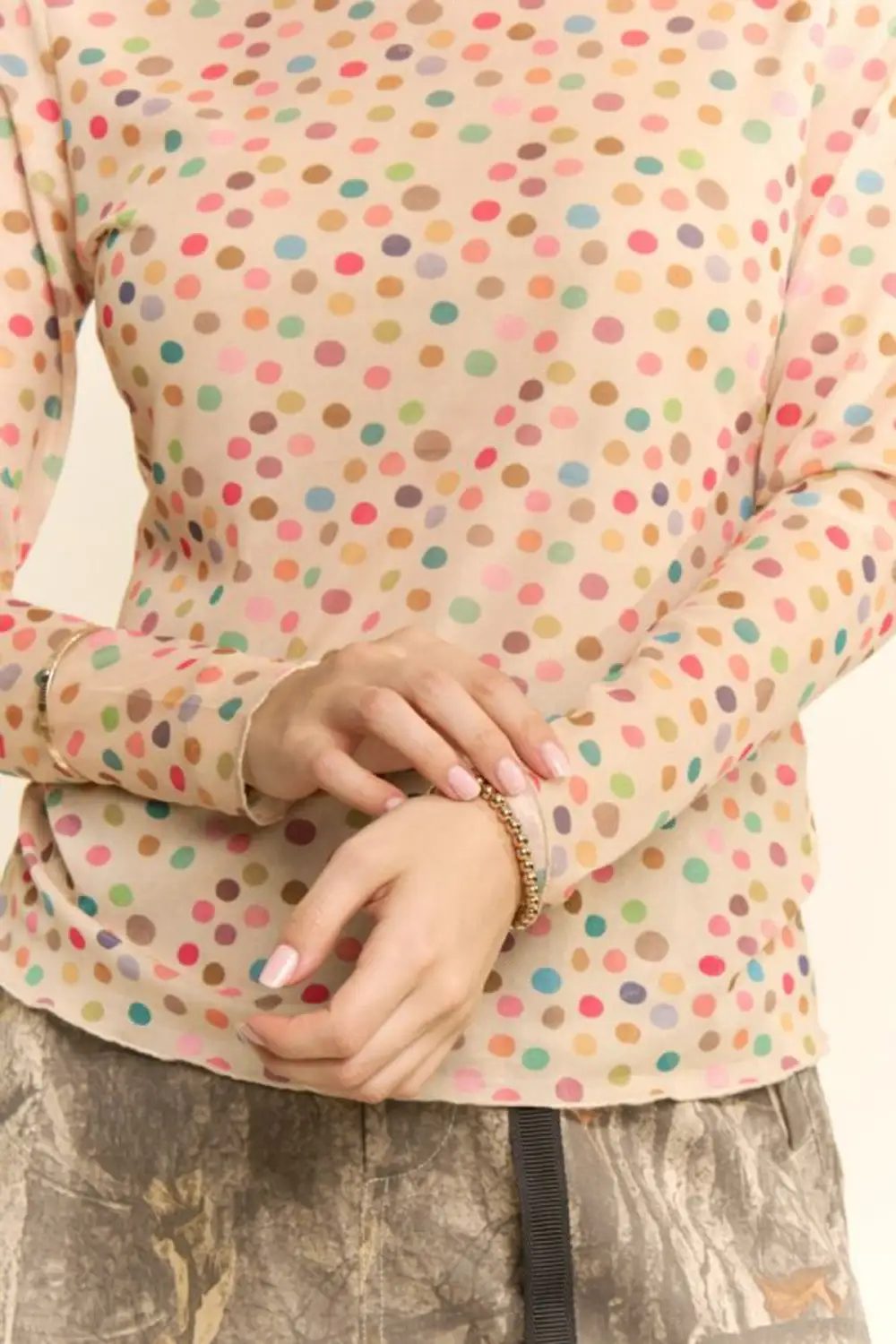 Polka Dot Mesh Relaxed Fitted Long Sleeve Top