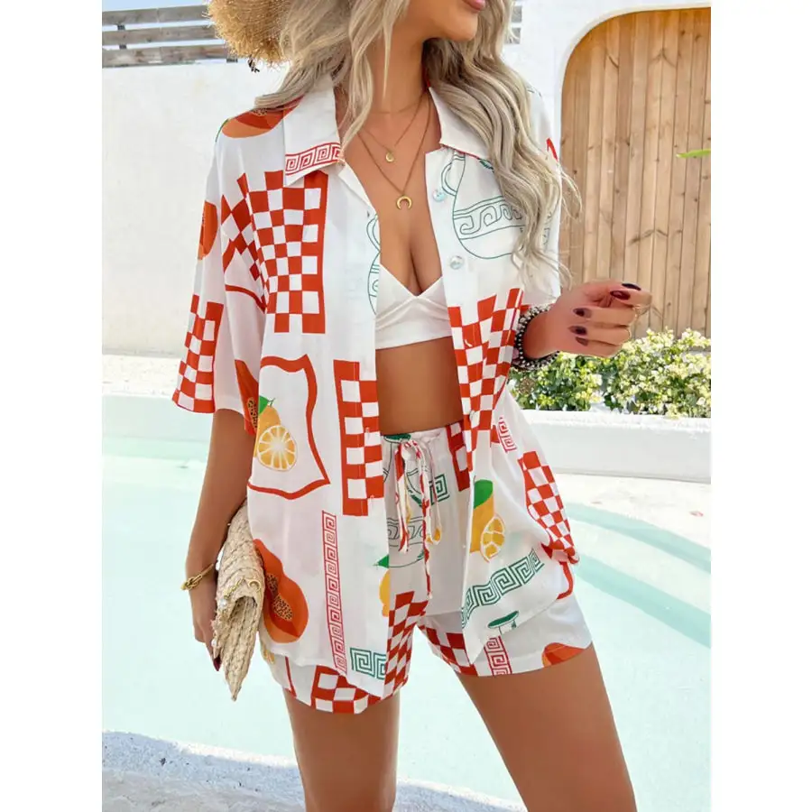Printed Collared Neck Half Sleeve Top and Shorts Set