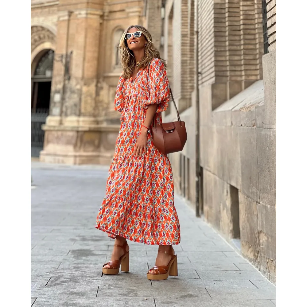 Bohemian Lantern Sleeve Long Dress Printed Large Swing Women's