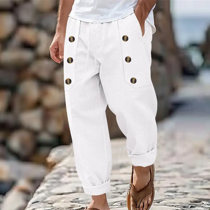 Men's Ankle-length Linen Cargo Pants Pockets