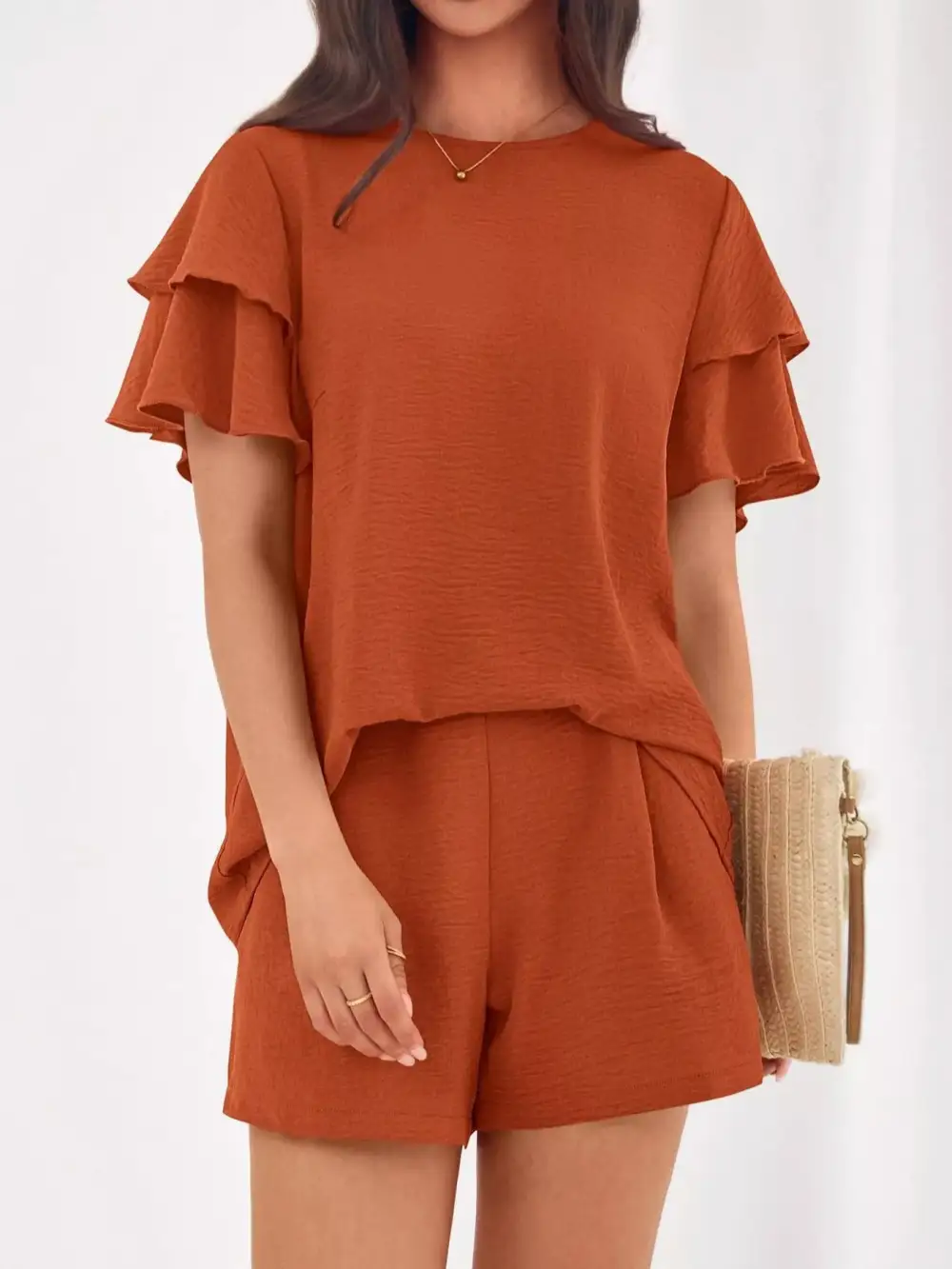 Ruffle Sleeve Top and Shorts Two-piece Set