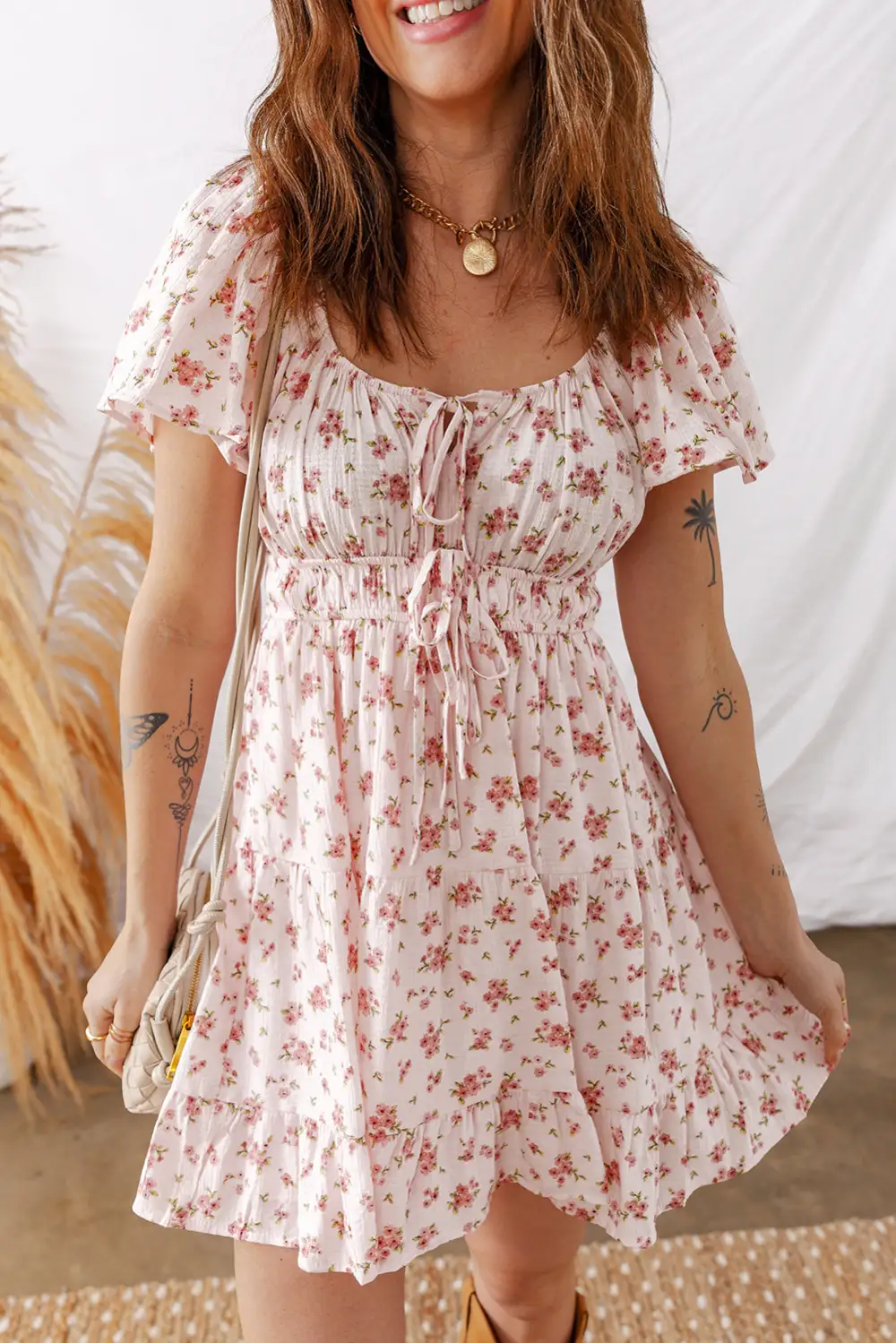 Floral Ruffle Short Sleeve Mini Dress