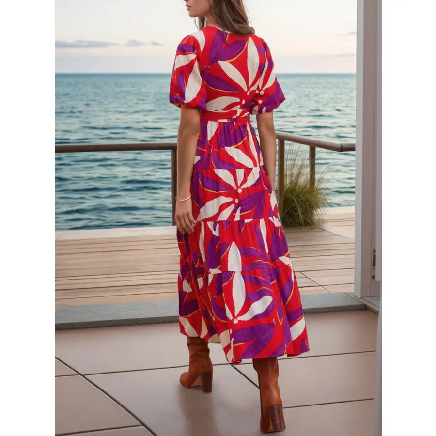 Tied Slit Printed Half Sleeve Midi Dress