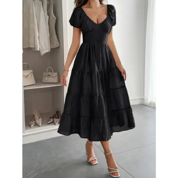 Backless Tiered Puff Sleeve Midi Dress
