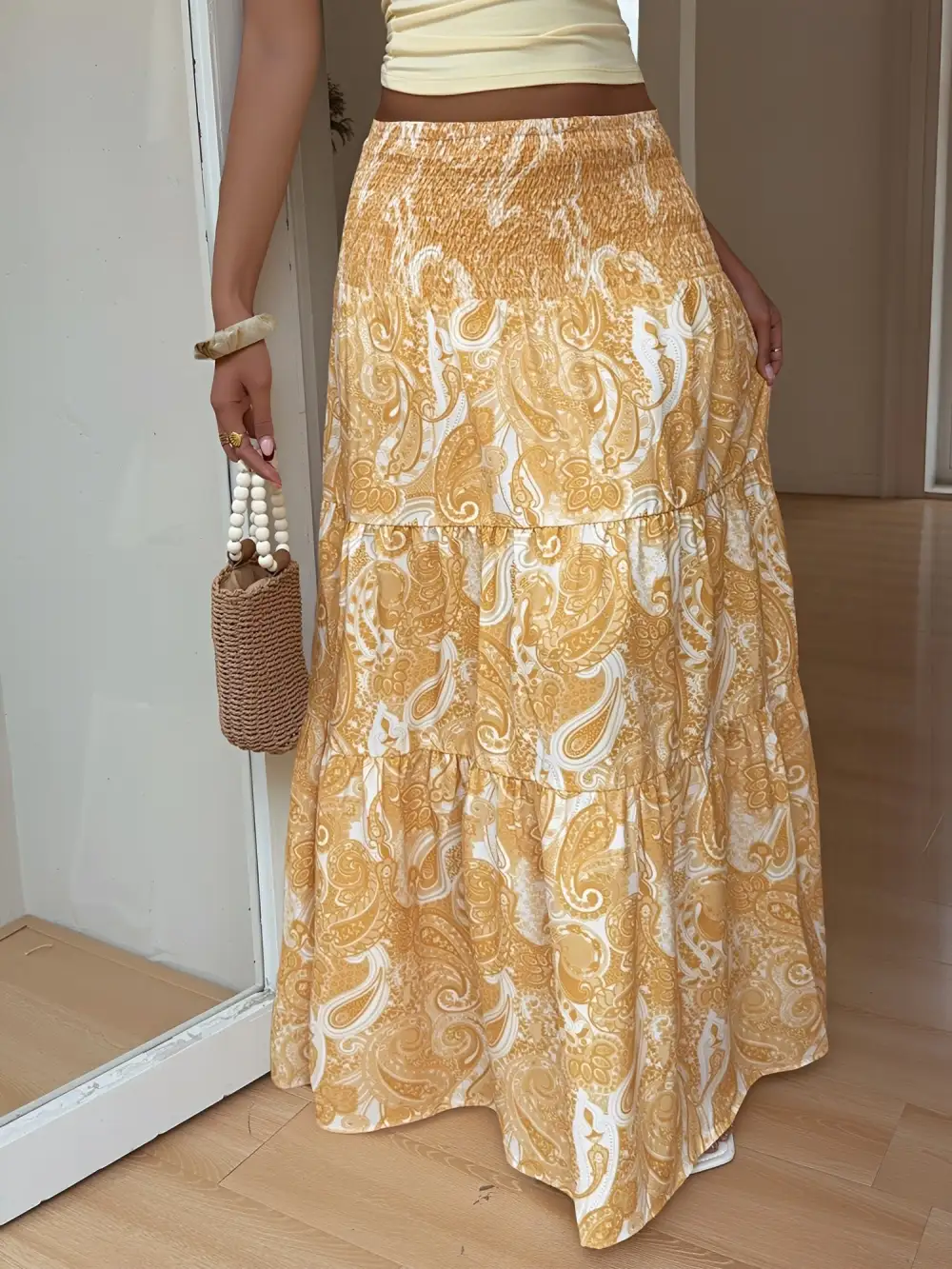 Boho Paisley Smocked Tiered A-Line Skirt