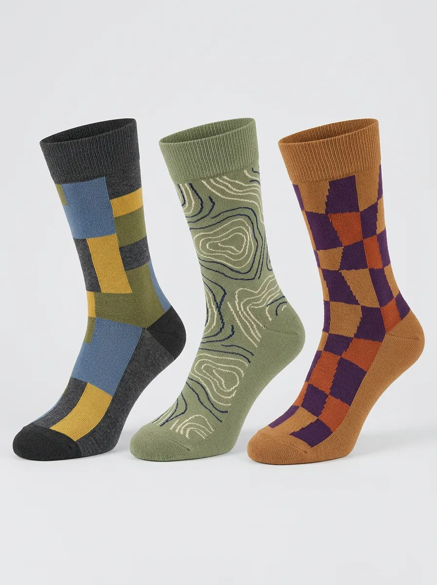 Men's Geometric Topographic Pattern Print 3-Pack Socks