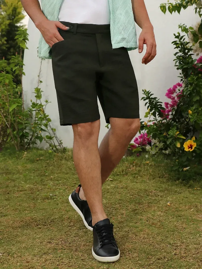 Green Casual Style Poly-Linen Shorts