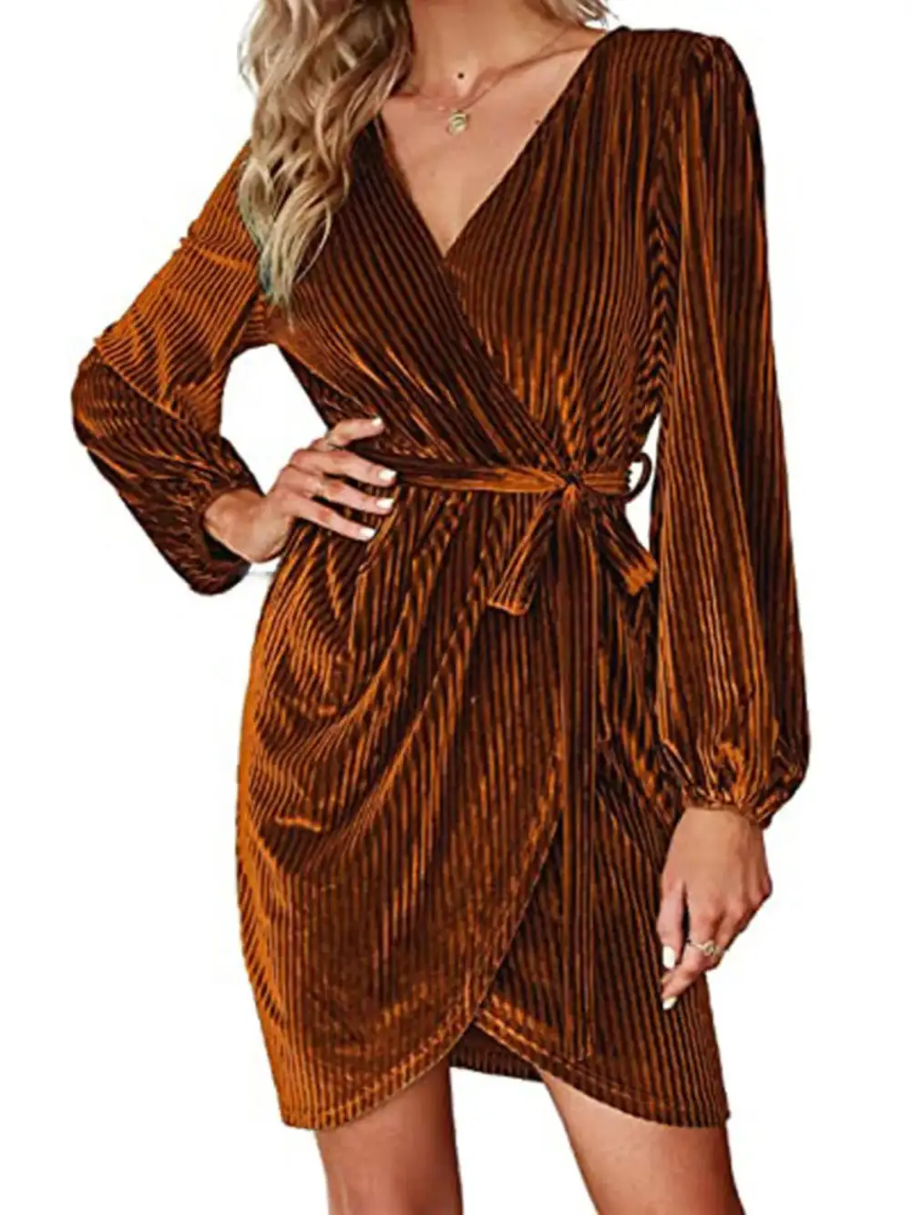 Layered Detail Tie Waist Long Sleeve Dress