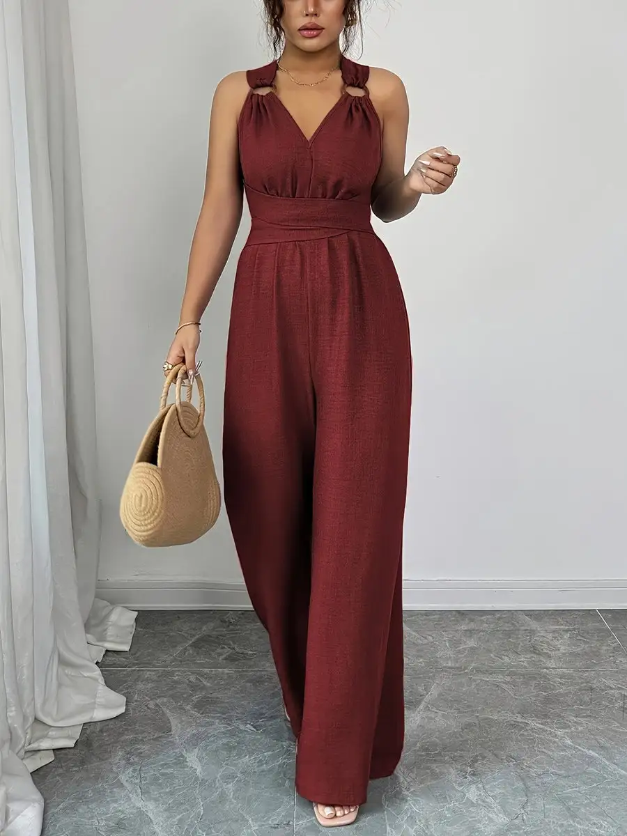 Hoog Getailleerde Mouwloze Rugloze Effen Kleur Gebonden Jumpsuits