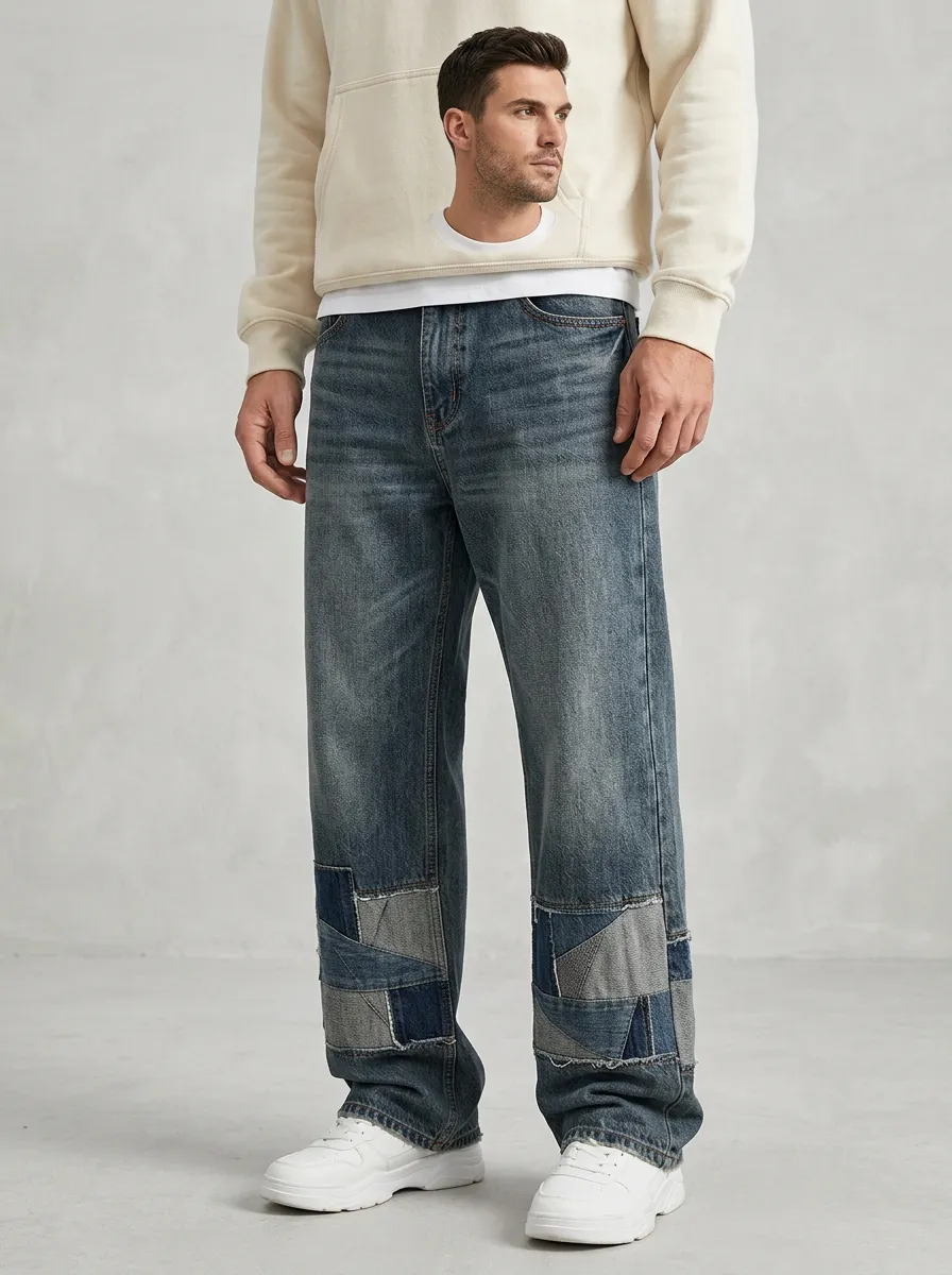 Wide Leg Vintage-Inspired Patchwork Men's Loose Fit Jeans