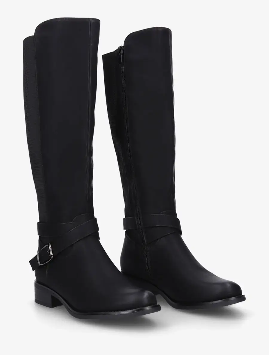 Statement Stretch Panel Strap Detail Buckle Detail Block Heel Knee High Boots