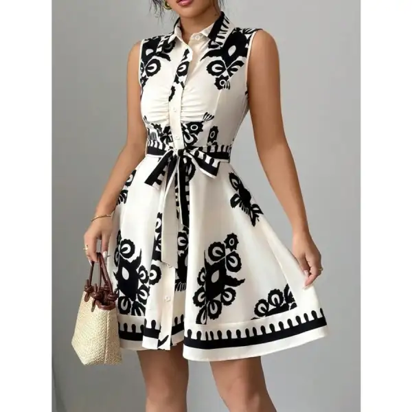 Printed Sleeveless Tie Waist Mini Dress