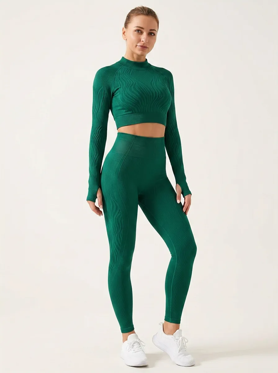 Women's Fitness Gym Lover Green Seamless Ribbed Printed Yoga Set