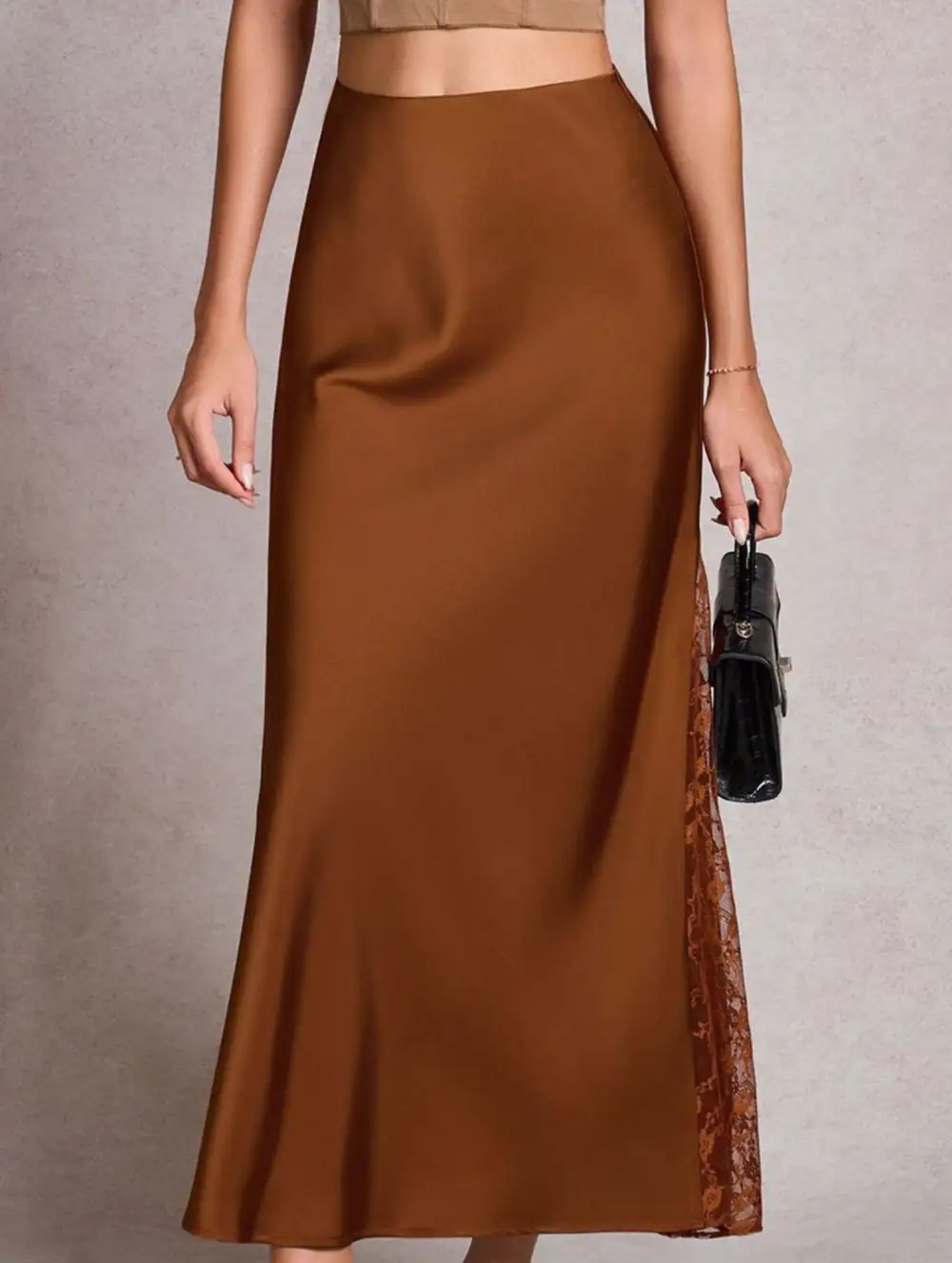 Satin Lace High Waist A-Line Skirt