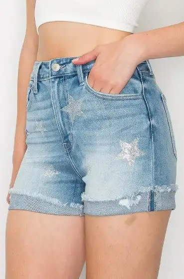 Everyday High Rise Embellished Stretch Denim Shorts