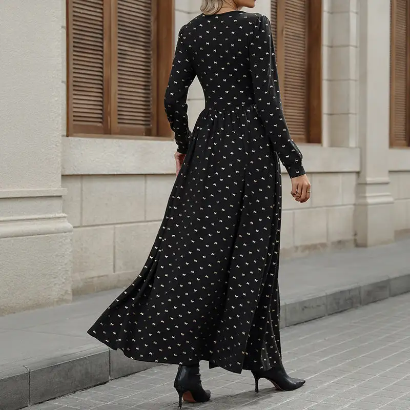 Women's V-Neck Long-Sleeve Lace Ruffled Maxi Dress