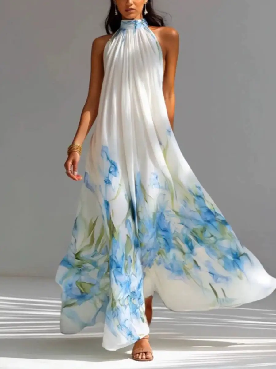 Print Pleated Sleeveless Neck Maxi Dress