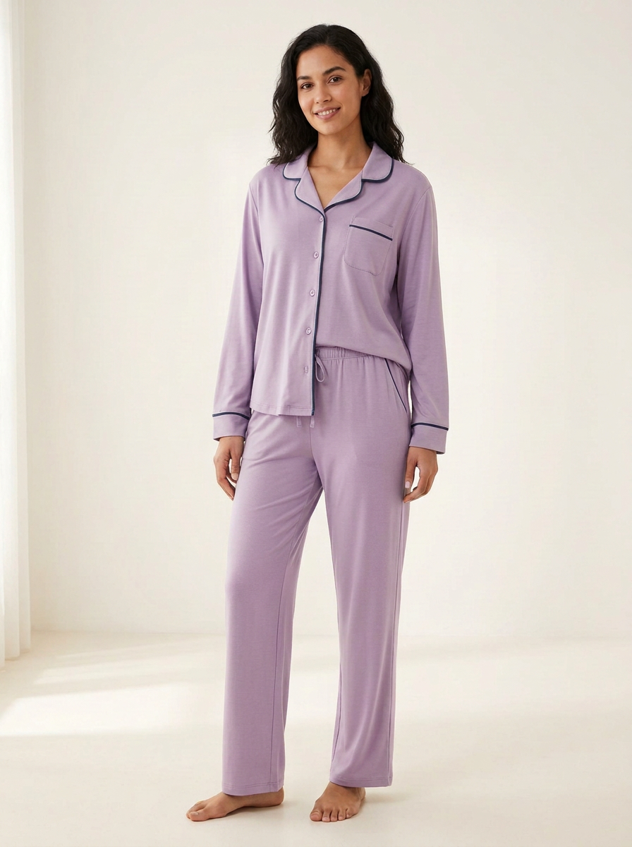 Women's Standard-Rise Piped Button-Down Pajama Set