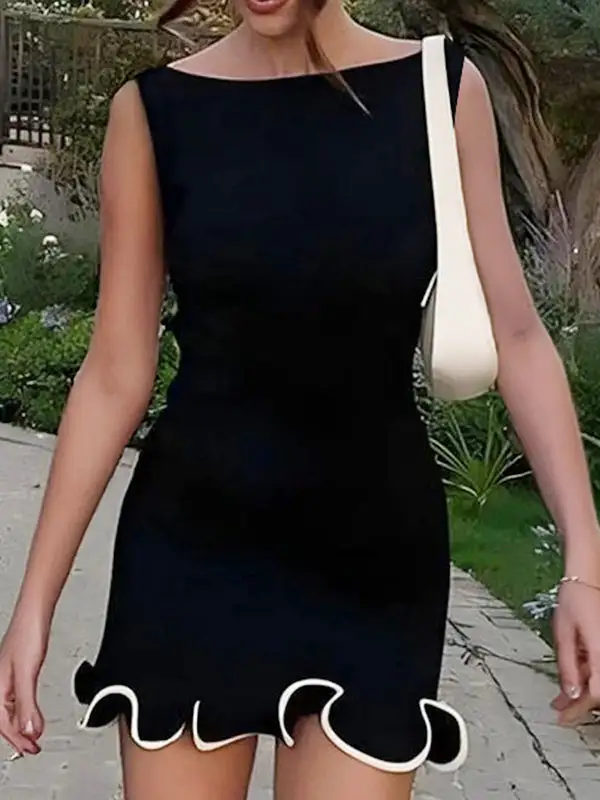 High Waisted Sleeveless Ruffle Trim Solid Color Round Neck Mini Dress