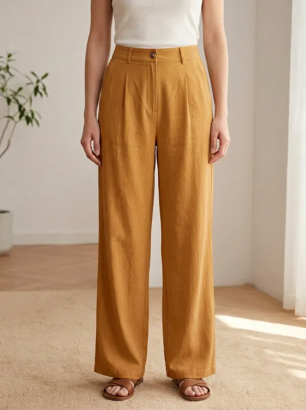 Women's Minimalist Pleated Wide-Leg Casual High-Rise Waistband Belt Loops Pants