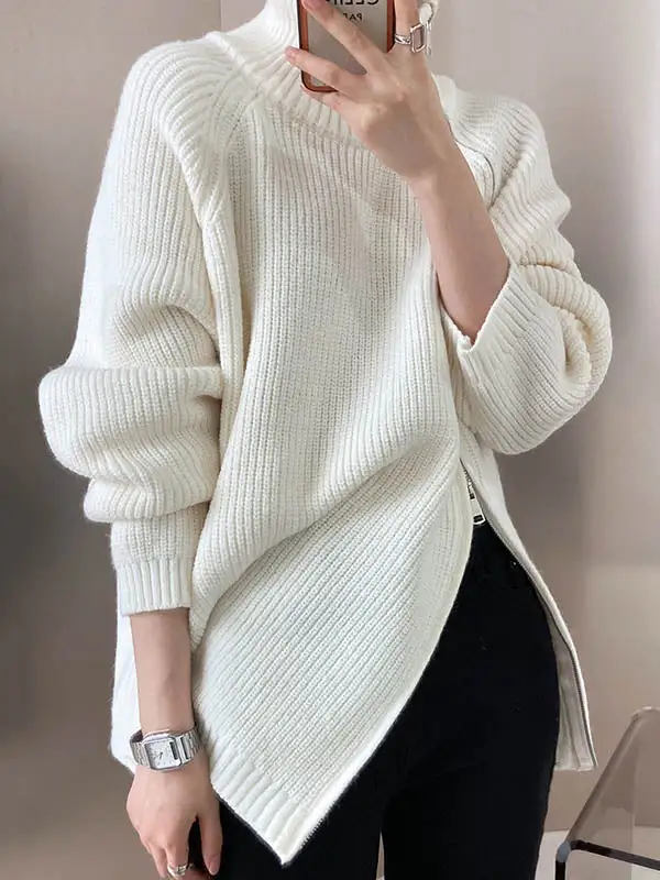 Split Hem Paneled Zip Detail High Neck Long Sleeve Sweater