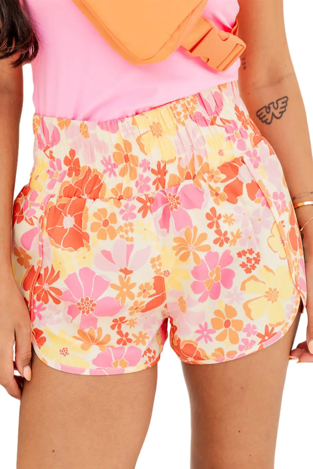 Floral Print High Waist Shirred Waist Casual Shorts