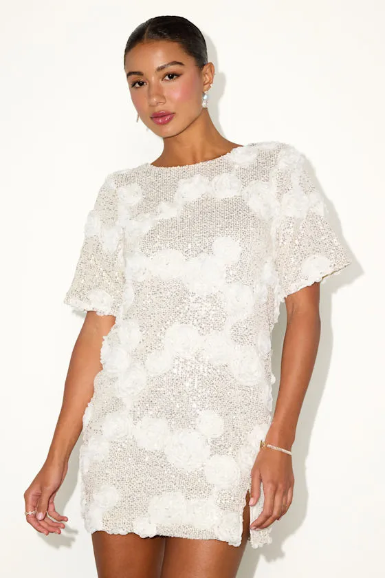 Kayleena Ivory Sequin Rosette Tie-Back Shift Dress