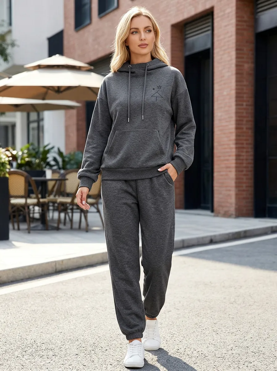Women's Christmas Minimalist Tree Star Printed Hooded Tracksuit
