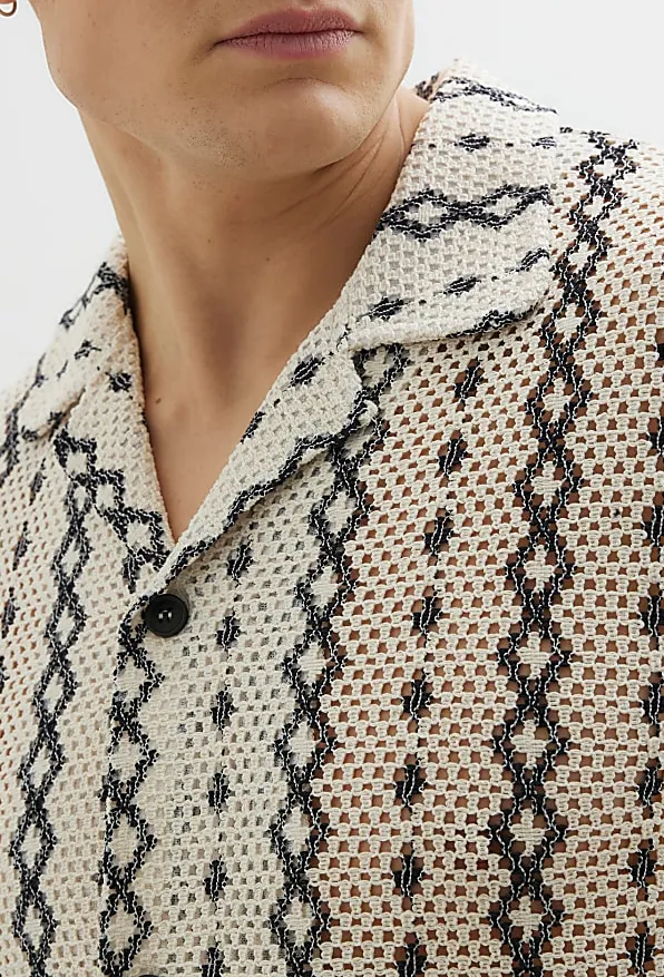Men's Knitted Diamond White Regular Fit Shirt Short Sleeves