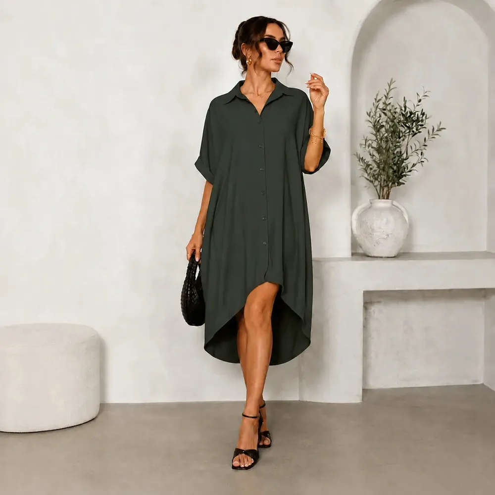 Women Turn-Down Collar Button Up Shirt Dress