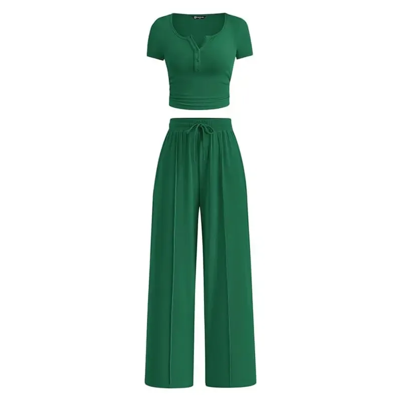 Women's two-piece summer ribbed knit button short-sleeve crop top and wide-leg pants